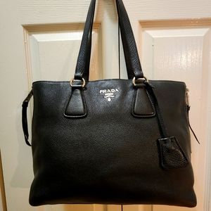 Prada Black Pebbled Leather Side Zip Tote Bag